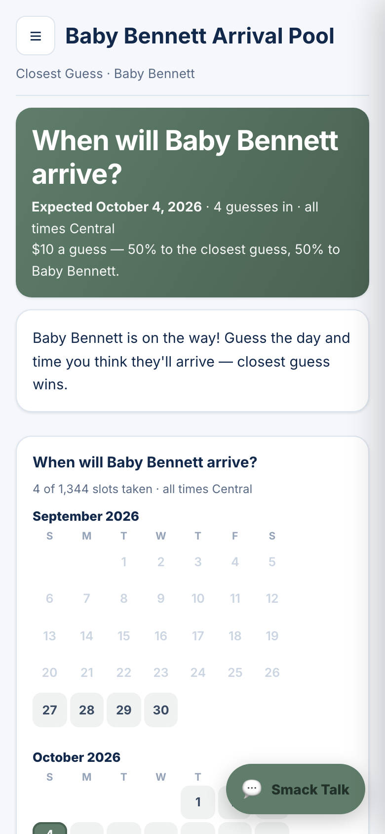 A baby pool on a phone: the question "When will Baby Bennett arrive?", a note from the parents, and a calendar of days with taken slots marked.