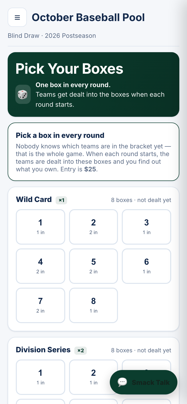 A Blind Draw pool on a phone: the Wild Card round showing eight numbered boxes, each labelled with how many players are in it, and a note that the teams have not been dealt yet.